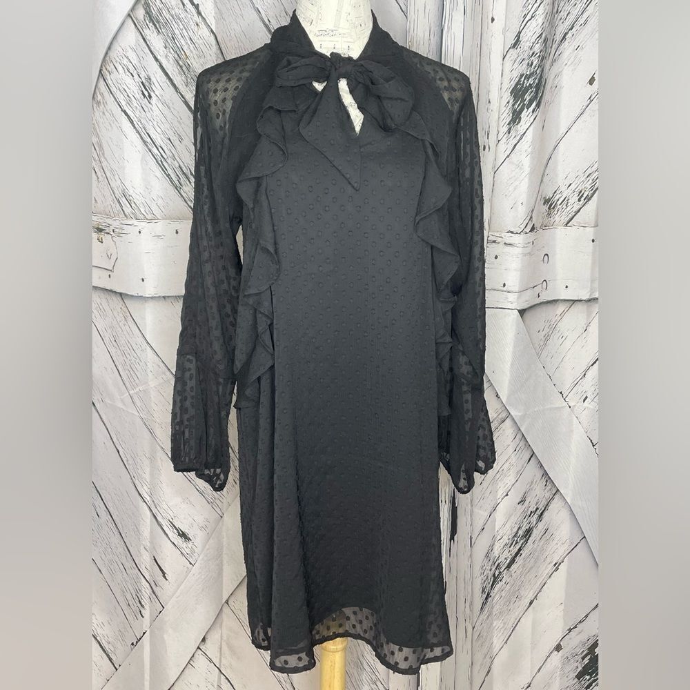 Bebe Black Dotted Swiss Dress Neck Tie Ruffles Large